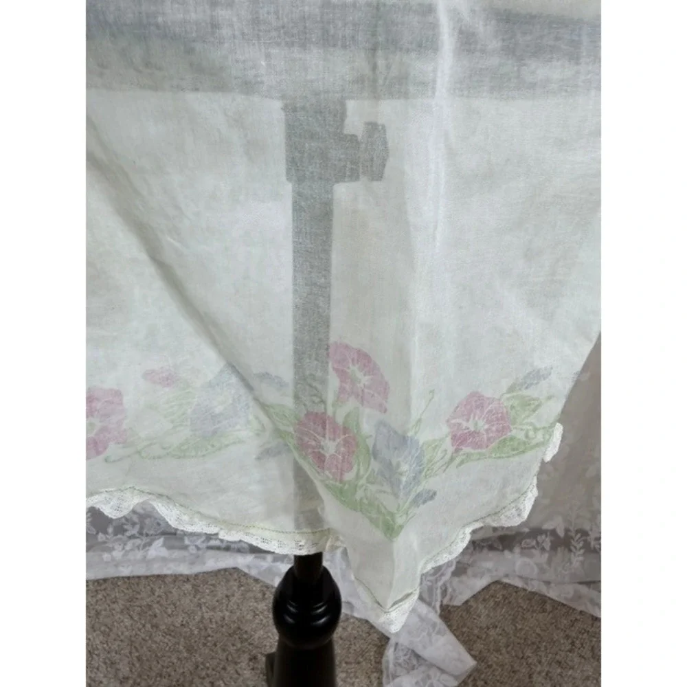 Vintage Sheer Green Floral Half Apron Lace Trim Pocket Cottagecore Retro Tea